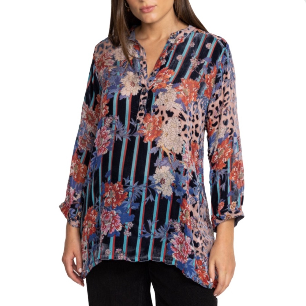 NWT Floral Stripe Mixed-Print V-Neck Tunic Top - Blue Multi Size S - Picture 3 of 11